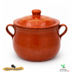 Olla de barro hecha a mano con asas y tapadera