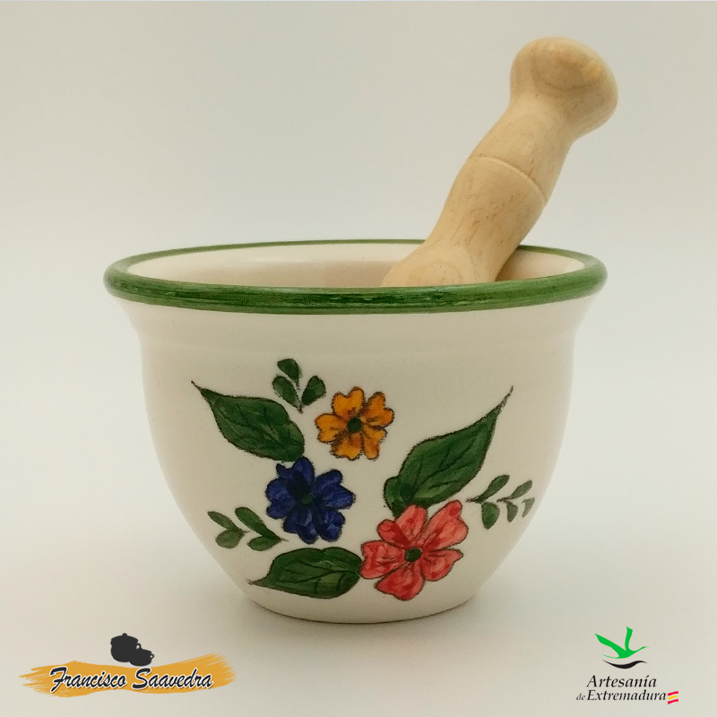 Mortero de cerámica, con mazo de madera "Tricolor"