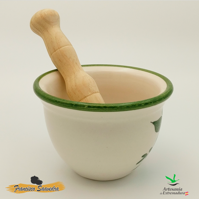 Mortero de cerámica, con mazo de madera "Tricolor"