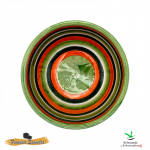 Imagen superior de cuenco de cerámica con líneas horizontales de varios colores, verde claro, naranja, verde oscuro, verde claro, naranja, verde oscuro y blanco