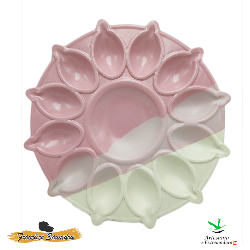Frontal Plato para huevos rellenos de color Rosee con capacidad para 12 mitades