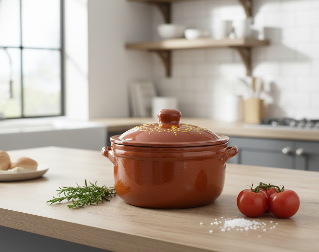 Olla de barro en encimera de cocina con tapadera decorada hecha a mano por Francisco Saavedra