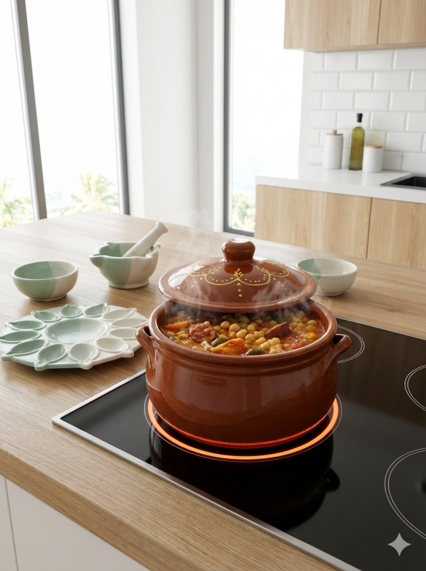 cocido madrileño en olla de barro hecha a mano en vitroceramica