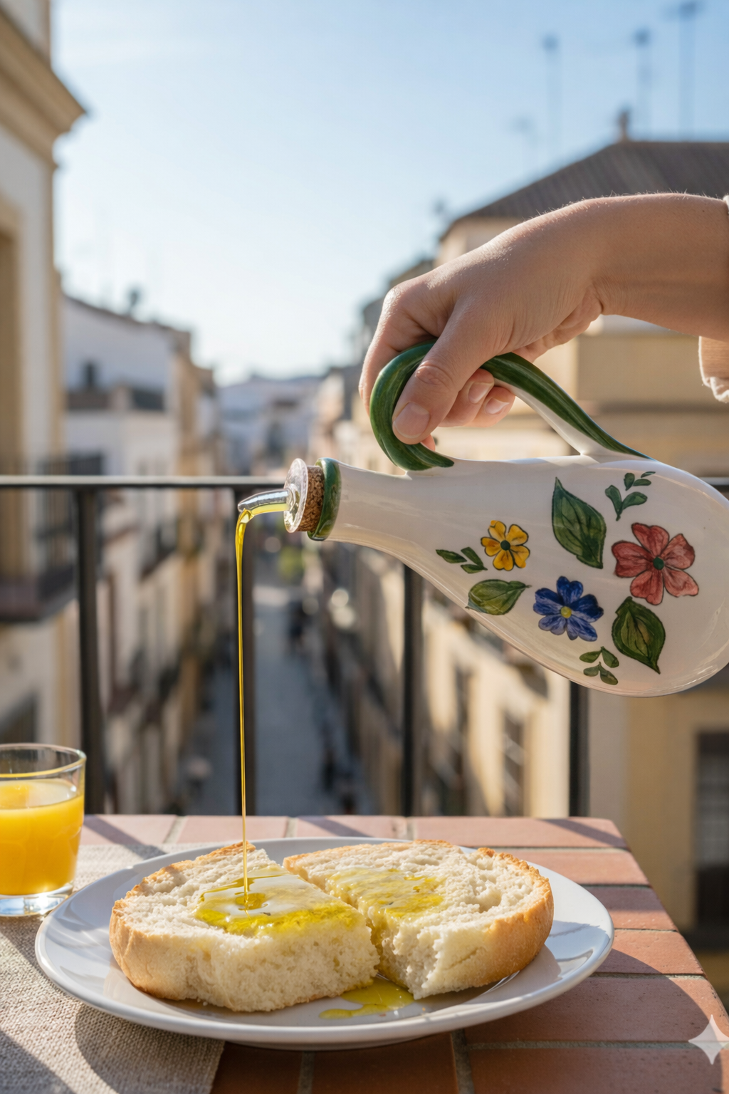 Fotografia de aceitera echando aceite de oliva en tostada de mollete en terraza de españa